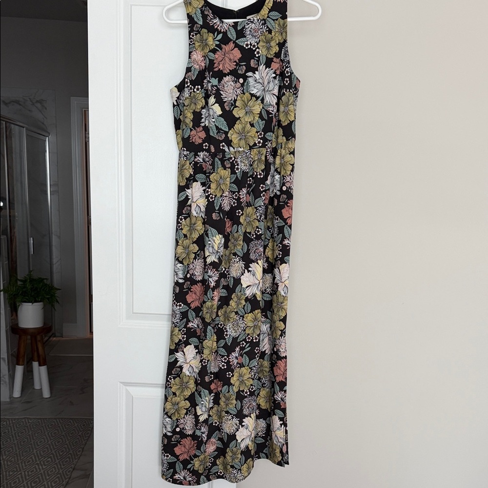 LOFT Black Maxi Dress with Pink, Green and Cream Floral Print